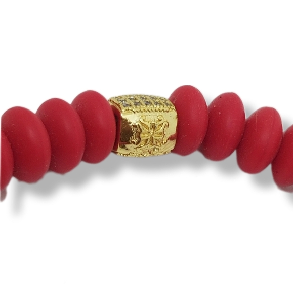 RUSTIC CUFF CHERRY RED SILICONE BEAD & CHARM STRETCH BRACELET - Picture 4 of 5